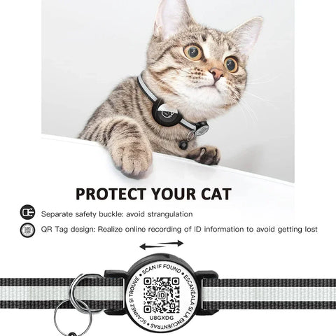 Collier GPS pour chat avec étiquette nominative QR et support AirTag, protection 2 en 1, collier réfléchissant pour chaton, étui AirTag pour chats